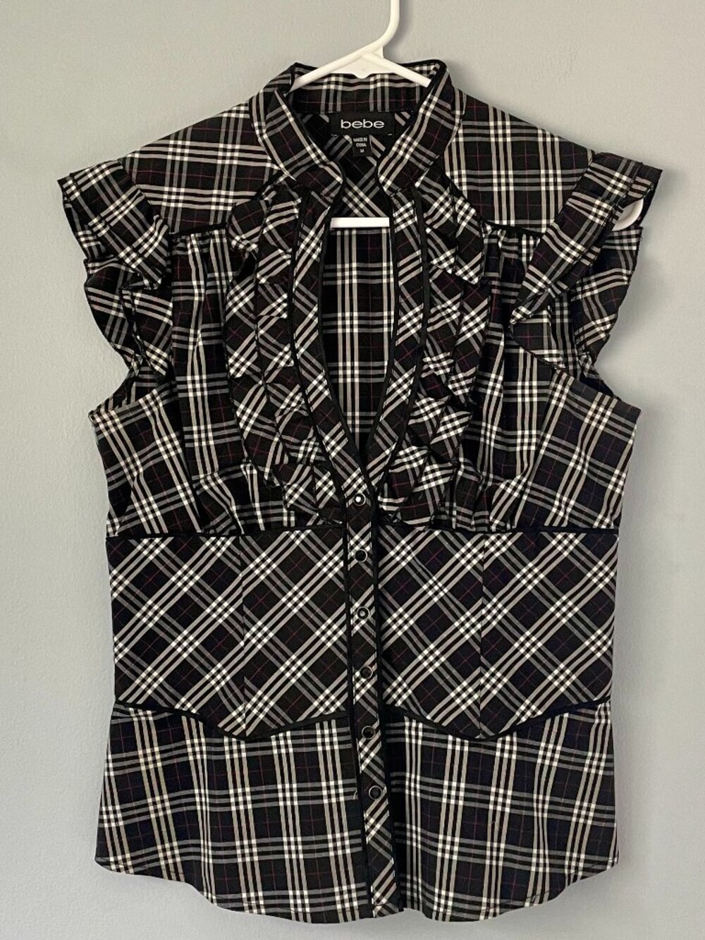 Sleeveless Plaid Ruffle Top by Bebe